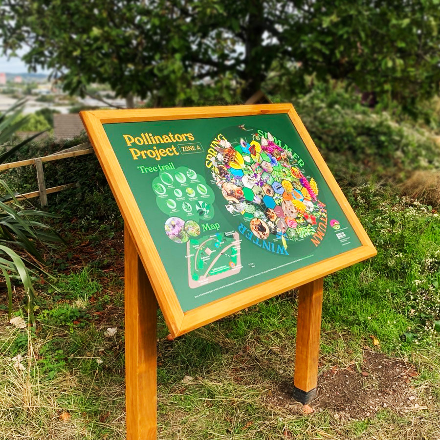Pollinator Project interpretation panel installed at the entrance to a community nature reserve