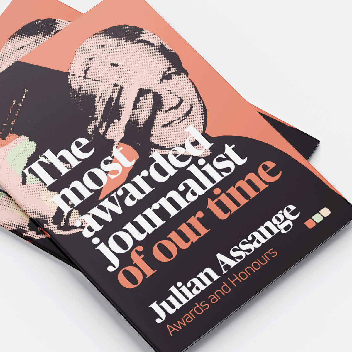 Cover of a booklet documenting Julian Assange's journalism awards and career through editorial design.