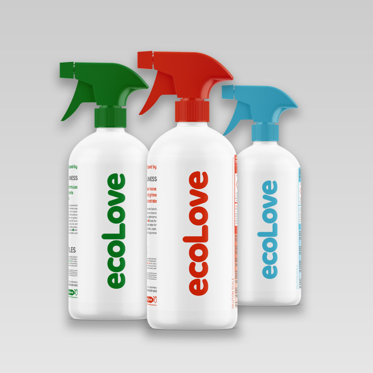 ecoLove eco-friendly cleaning products showing logo design, branding and product packaging.