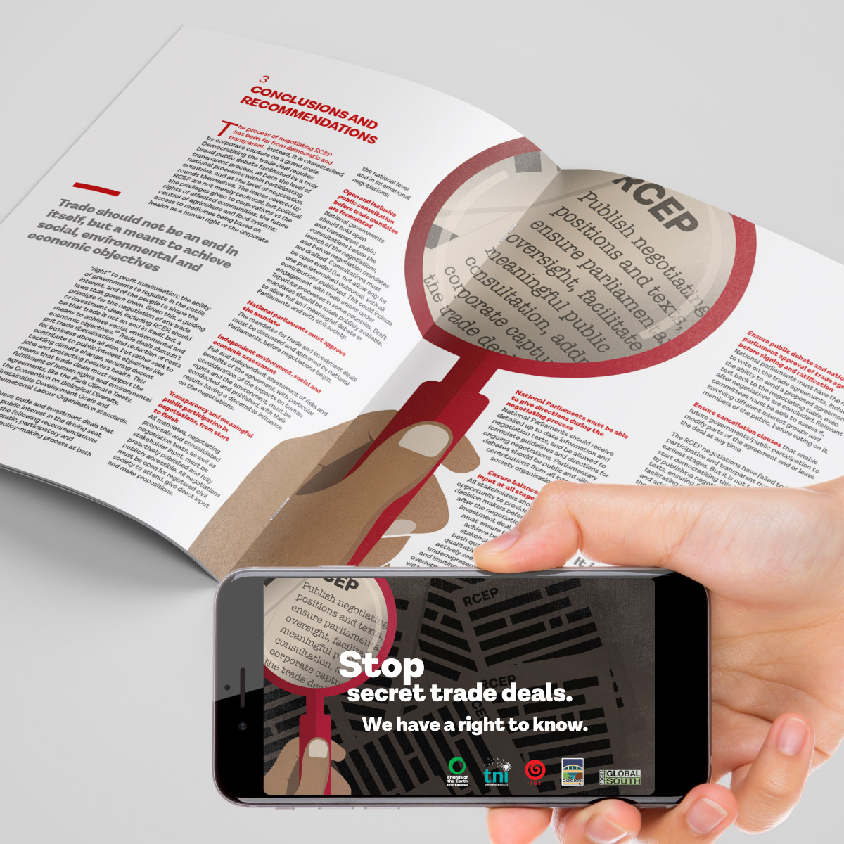 Cover image of the RCEP booklet featuring a magnifying glass revealing hidden text, symbolising transparency in international trade negotiations.