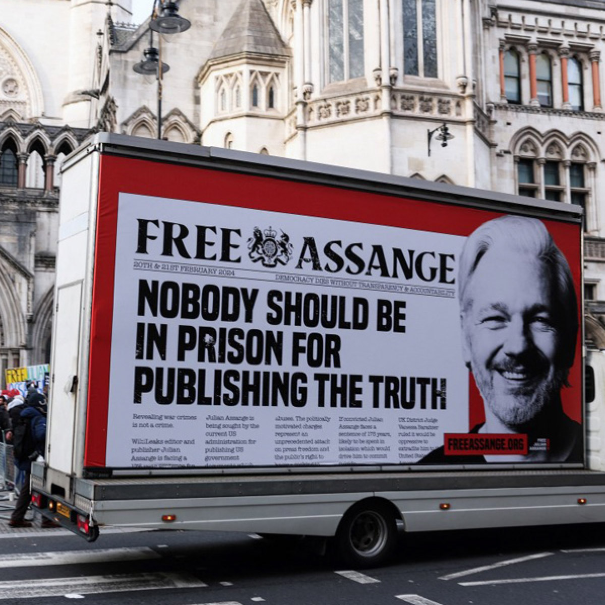 Campaign poster reading Nobody should be in prison for publishing the truth created for the international Free Assange campaign.