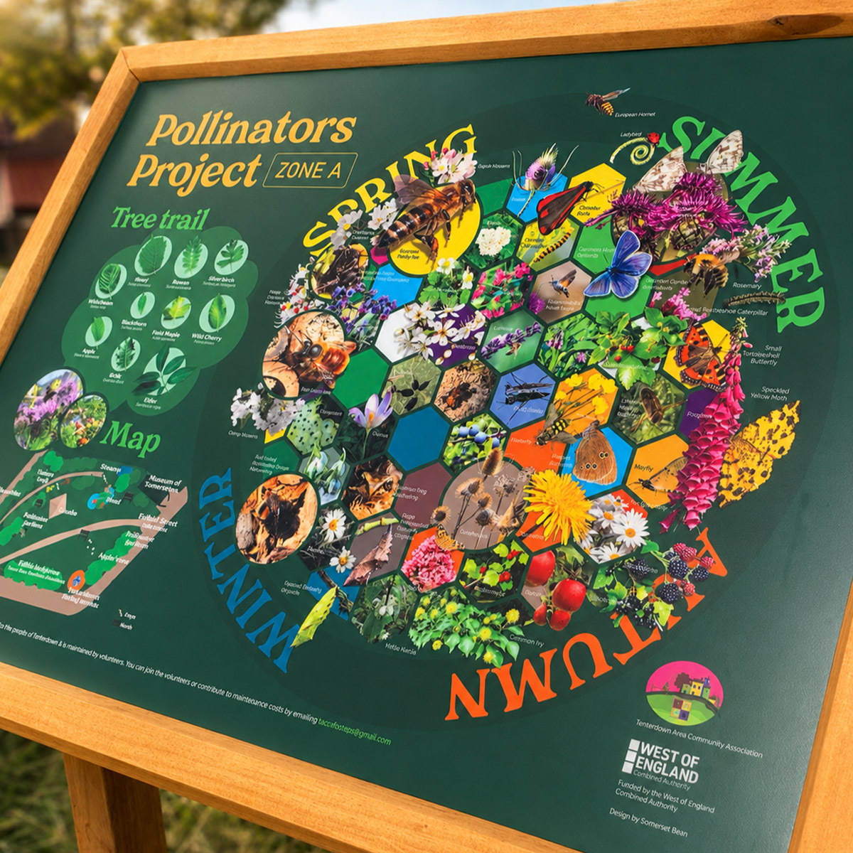 Illustrated outdoor interpretation board explaining pollinators, habitats and biodiversity through maps and information graphics.